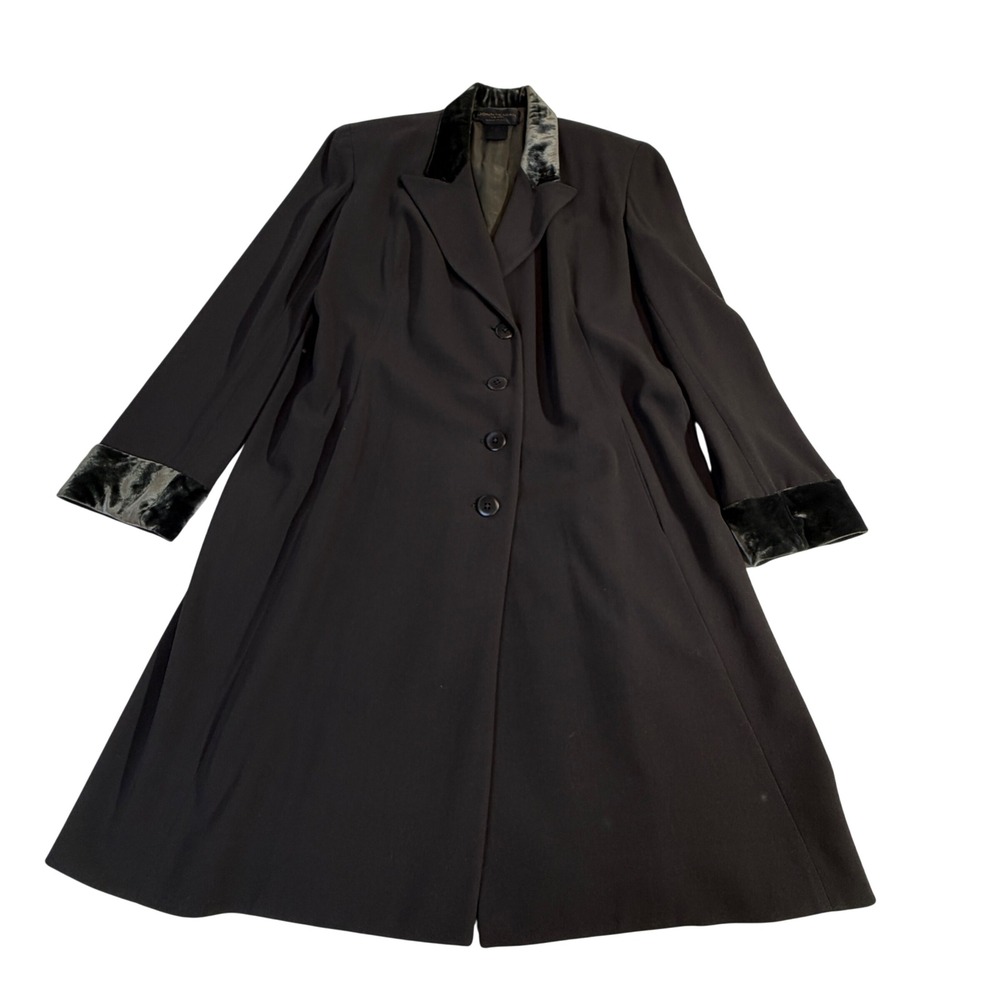 Vintage Donna Karan Crepe Coat Size 6 Black Velvet Trim Made in Italy
